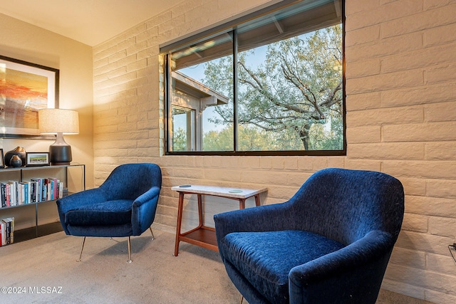 sitting room featuring carpet floors and brick wall