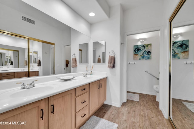 bathroom with wood-type flooring, vanity, and toilet