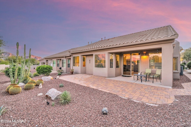 back house at dusk with a patio