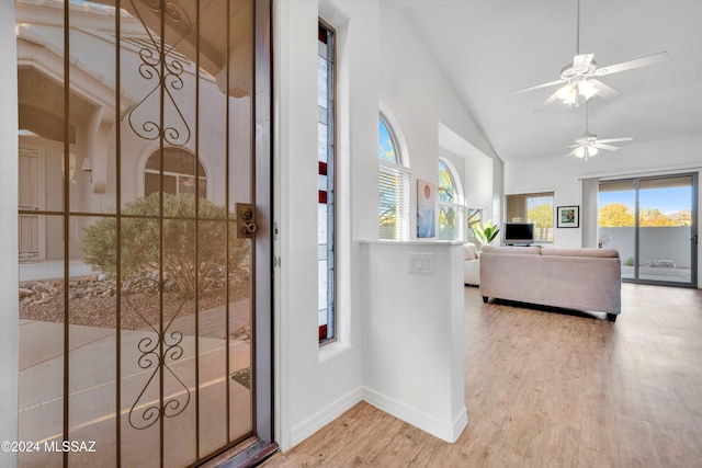 foyer entrance with wood-type flooring, vaulted ceiling, and plenty of natural light