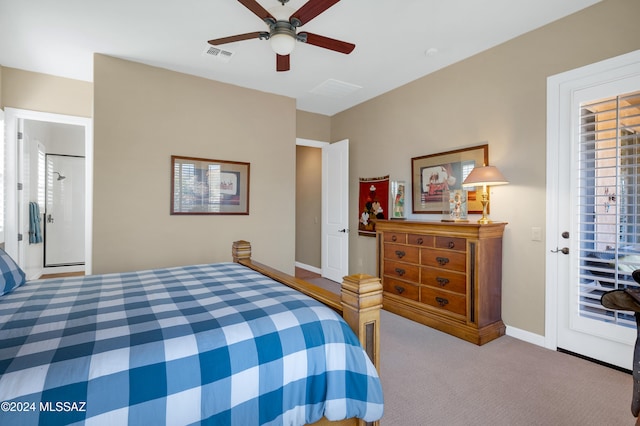 bedroom with ceiling fan, light carpet, and access to exterior