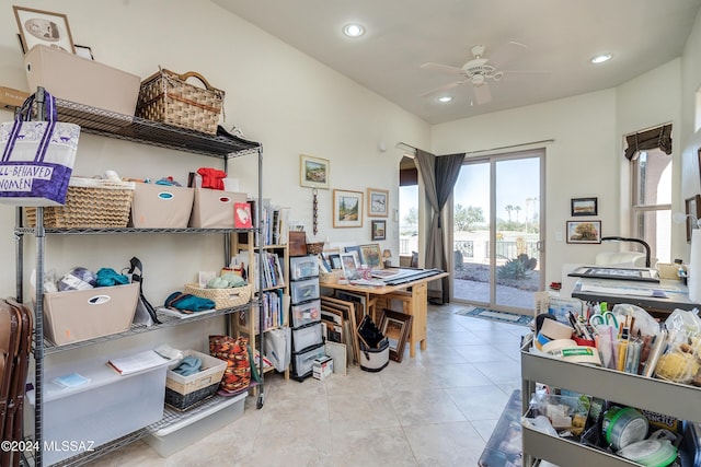 office area featuring ceiling fan and light tile patterned floors