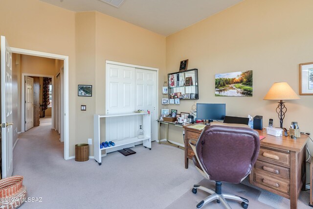 office area featuring light carpet