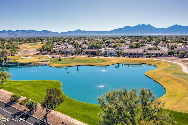 bird's eye view featuring a water and mountain view