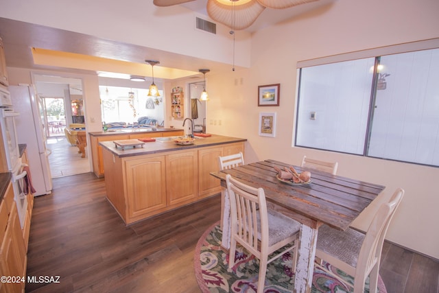 kitchen with pendant lighting, light brown cabinets, a center island, ceiling fan, and dark hardwood / wood-style flooring