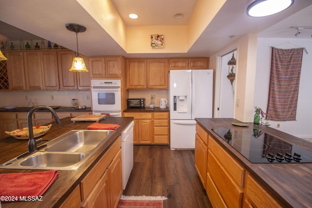 kitchen featuring pendant lighting, wood counters, white appliances, sink, and dark hardwood / wood-style floors