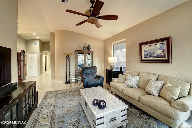 4115 S Constancia Ct, Green Valley, AZ 85622 - living area with ceiling fan, light tile patterned floors, and lofted ceiling