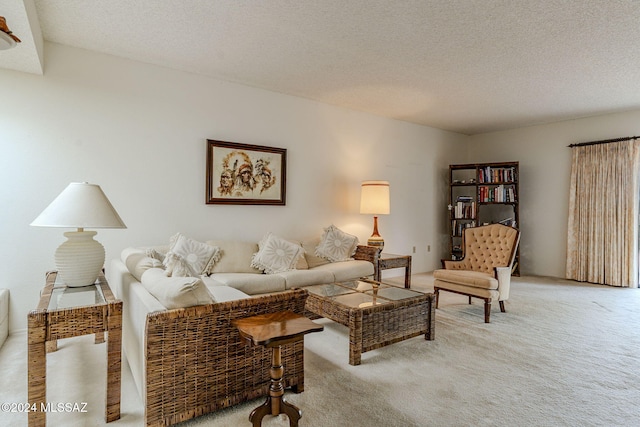 living room with a textured ceiling and light carpet