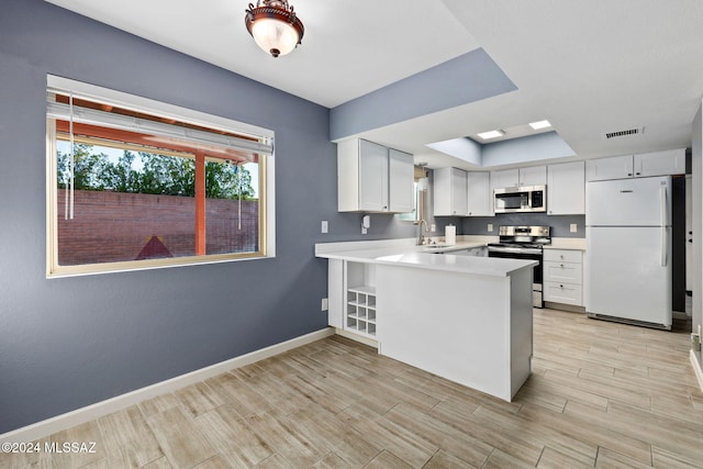 kitchen with white cabinetry, sink, kitchen peninsula, appliances with stainless steel finishes, and light wood-type flooring