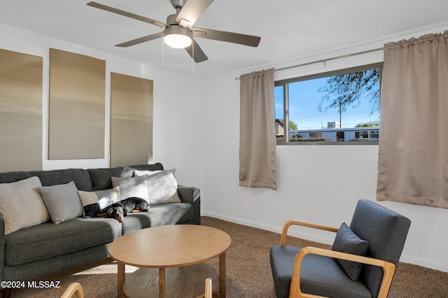 living room with carpet flooring and ceiling fan