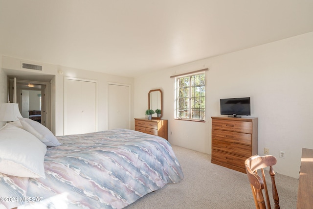 carpeted bedroom with multiple closets