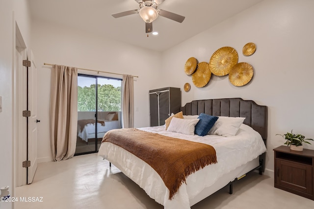 bedroom featuring ceiling fan and access to exterior