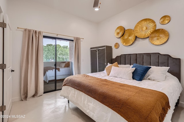 bedroom featuring ceiling fan and access to outside