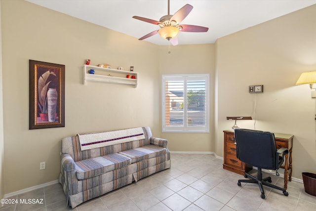 tiled office with ceiling fan