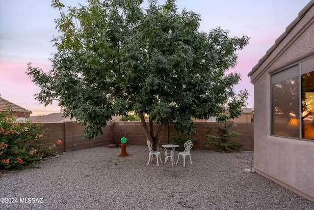 yard at dusk featuring a patio area