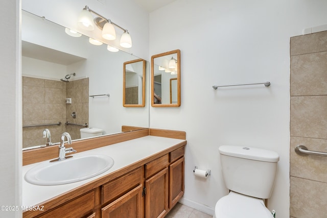 full bathroom with toilet, walk in shower, and vanity