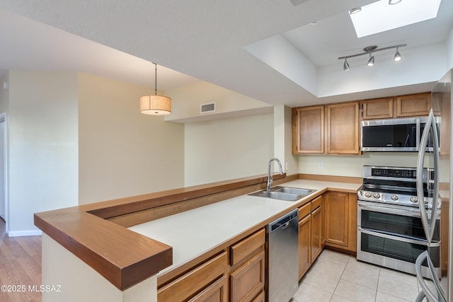 kitchen with a skylight, sink, kitchen peninsula, pendant lighting, and appliances with stainless steel finishes