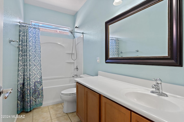 full bathroom featuring toilet, vanity, shower / bath combination with curtain, and tile patterned floors