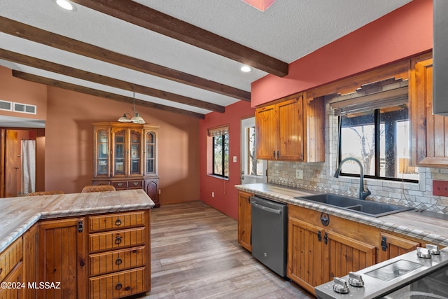 kitchen featuring light hardwood / wood-style flooring, sink, lofted ceiling with beams, dishwasher, and backsplash