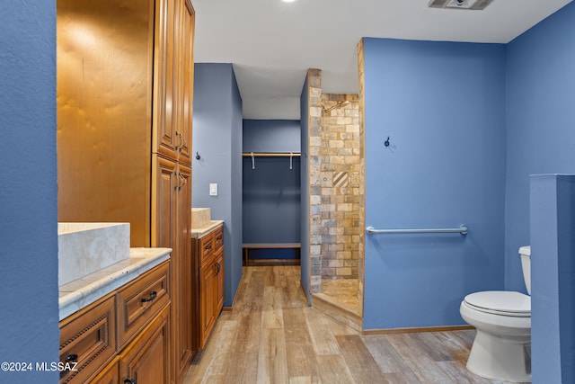 bathroom featuring vanity, toilet, wood-type flooring, and a shower