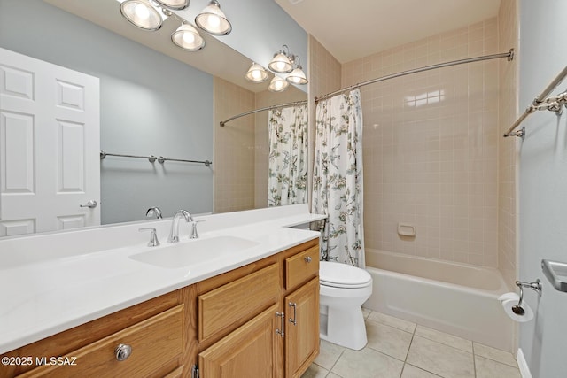 bathroom featuring vanity, shower / tub combo, tile patterned flooring, and toilet