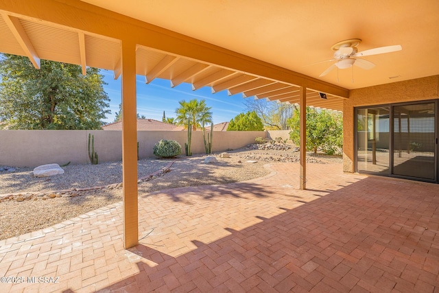 view of patio / terrace featuring ceiling fan and a fenced backyard