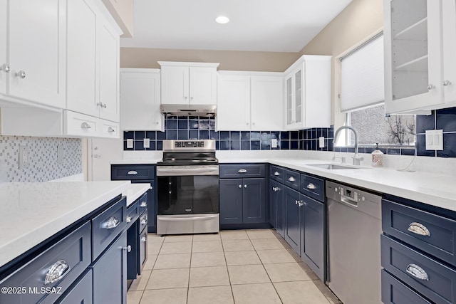 kitchen featuring dishwasher, electric stove, glass insert cabinets, under cabinet range hood, and white cabinetry