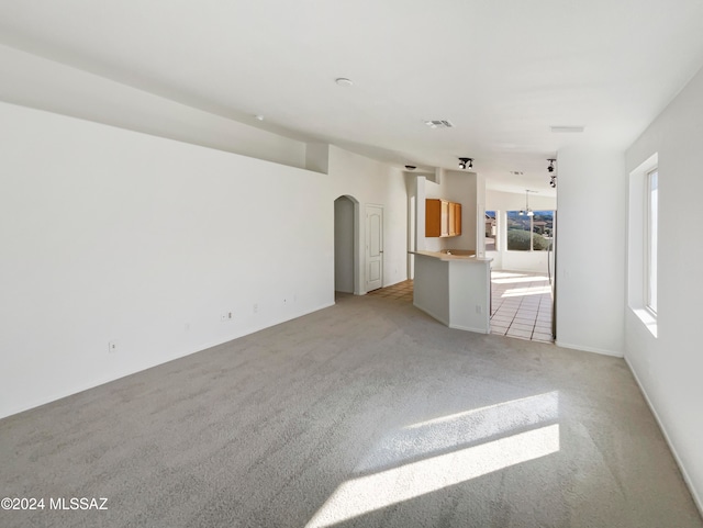 unfurnished living room featuring light colored carpet