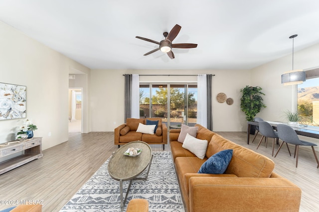 living room with ceiling fan and light wood-type flooring