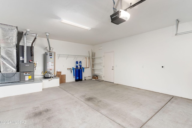 garage with gas water heater, a garage door opener, and heating unit