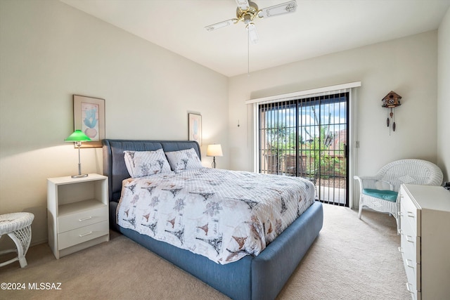 carpeted bedroom with ceiling fan and access to outside