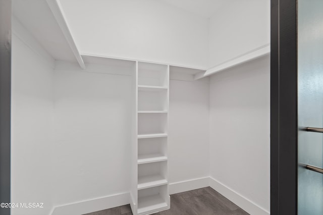 walk in closet with dark wood-type flooring