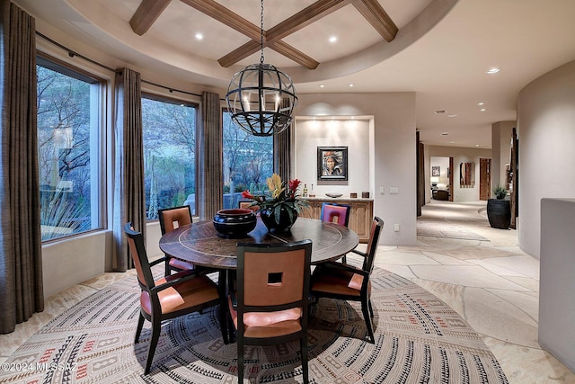 dining room featuring beamed ceiling, coffered ceiling, and a notable chandelier