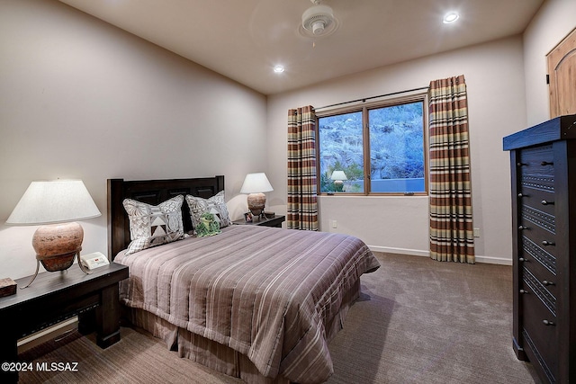 carpeted bedroom with ceiling fan