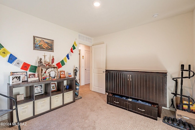 interior space featuring light carpet