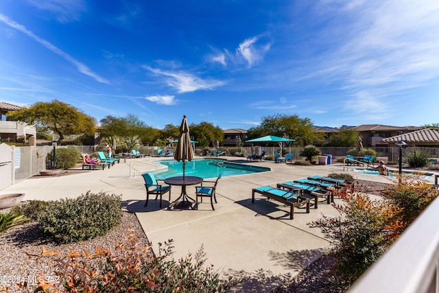 view of swimming pool with a patio