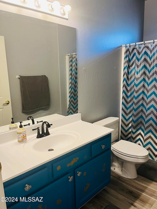 bathroom with vanity, hardwood / wood-style flooring, and toilet