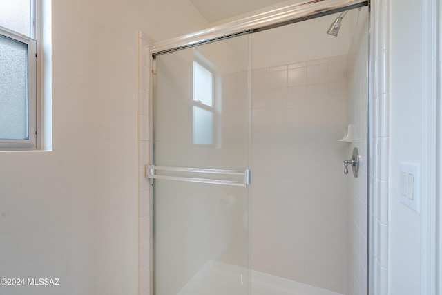 bathroom with a shower with shower door