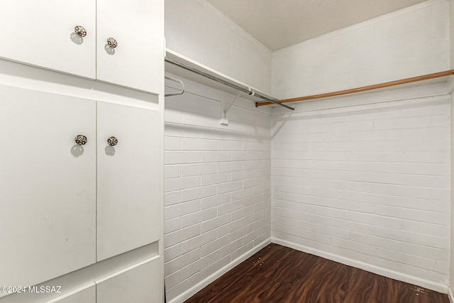 walk in closet with dark wood-type flooring