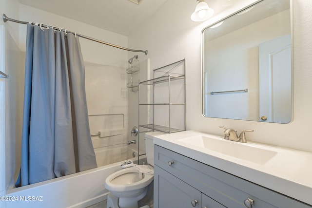 full bathroom featuring toilet, vanity, and shower / tub combo with curtain