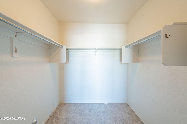 walk in closet with light carpet