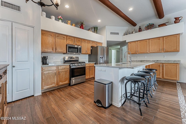 kitchen with sink, a kitchen breakfast bar, a kitchen island with sink, light stone counters, and stainless steel appliances