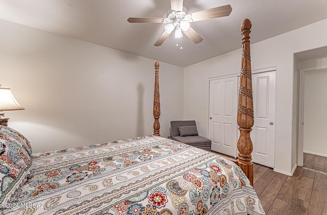 bedroom with ceiling fan and hardwood / wood-style floors