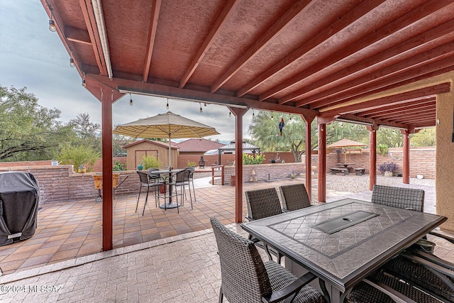 view of patio / terrace featuring a storage shed