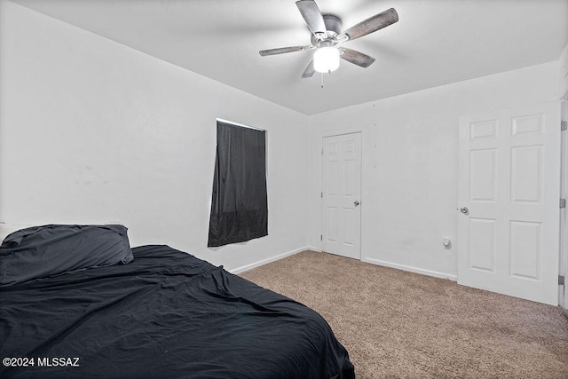 bedroom featuring carpet flooring and ceiling fan