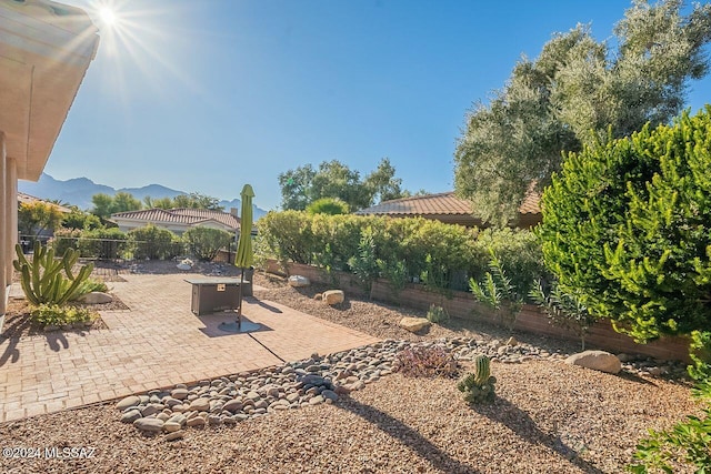 view of patio with a mountain view