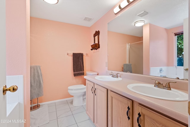 full bathroom with plus walk in shower, vanity, and toilet