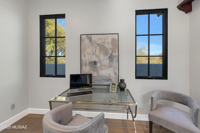 office space with a wealth of natural light and dark hardwood / wood-style floors