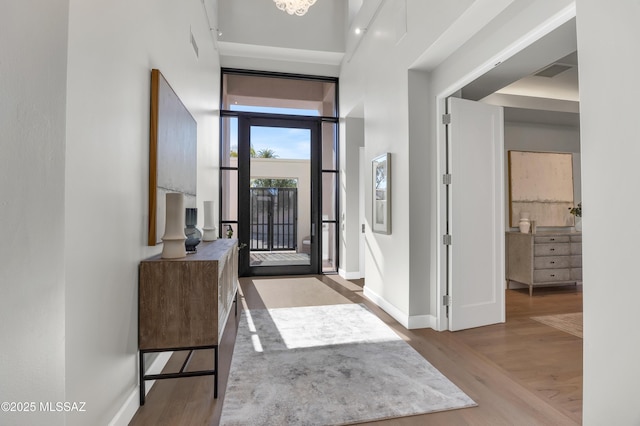 entryway featuring a high ceiling and light hardwood / wood-style flooring