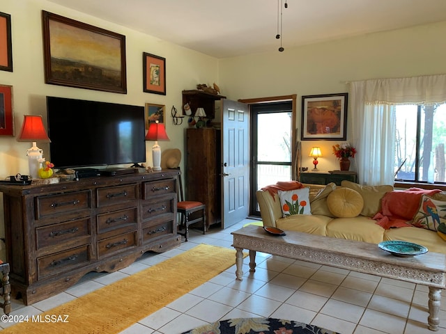 living room featuring light tile patterned floors